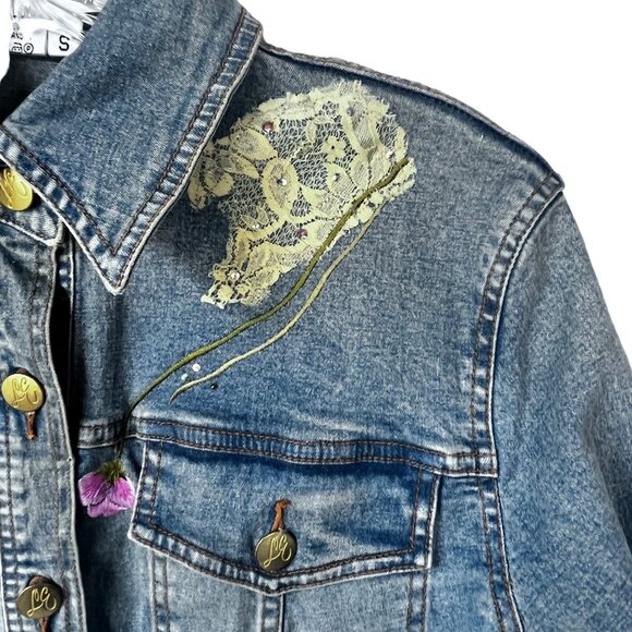 Lana Erica Womens Floral Embroidered Denim Jean Jacket Size Small - Picture 6 of 9